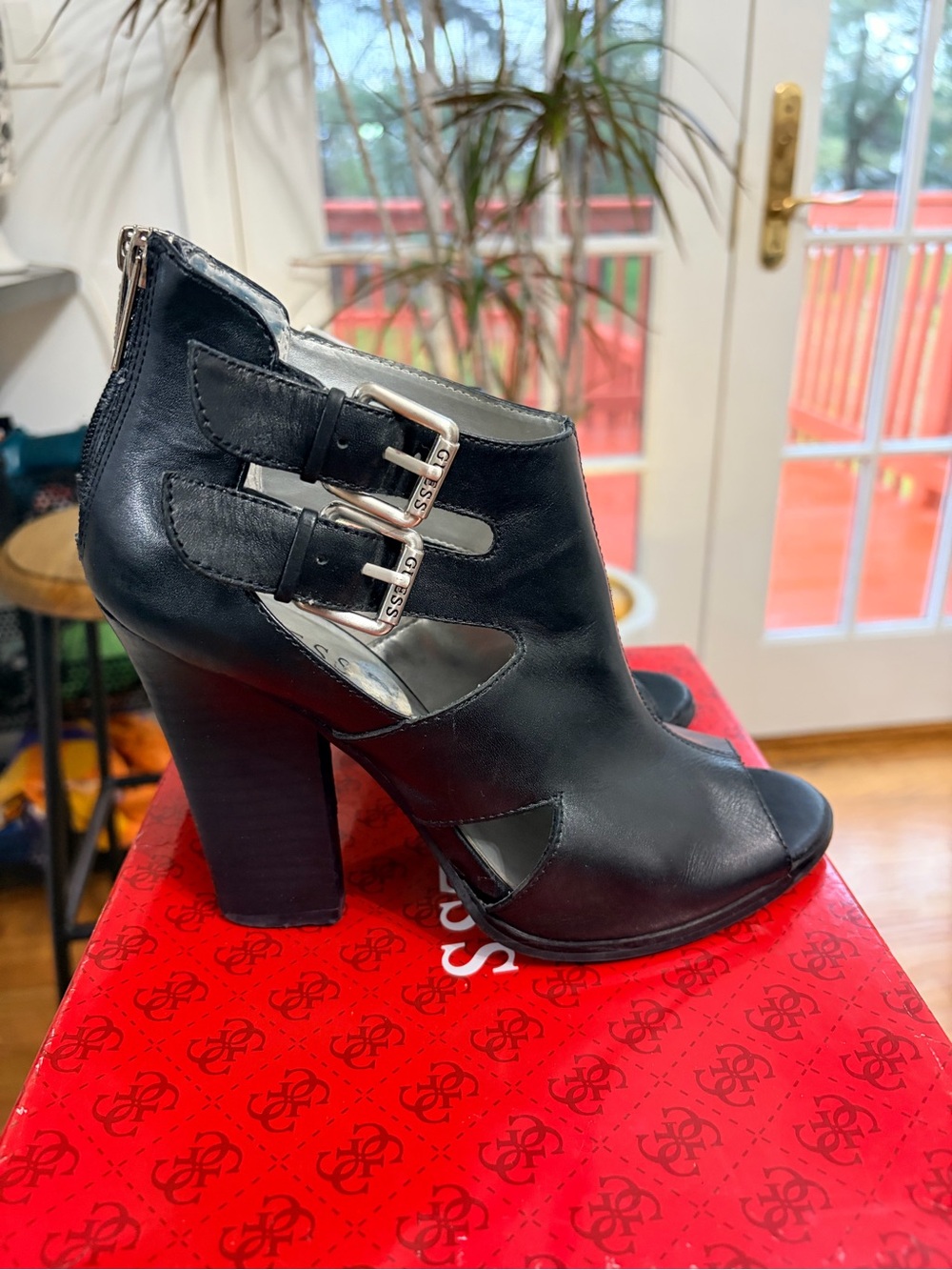 Guess Leather Black Open-Toe High Heel Booties with Double Buckles